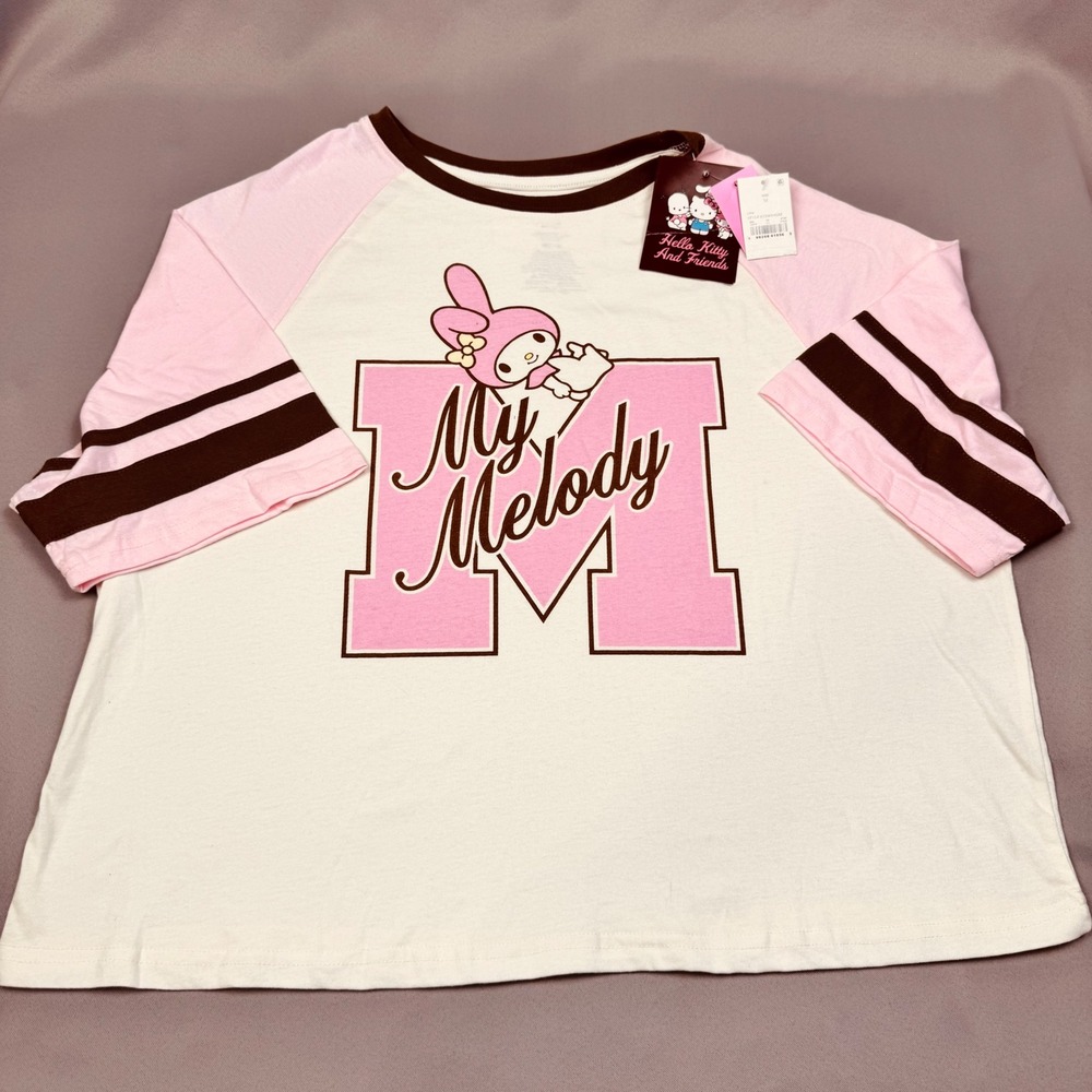Sanrio My Melody Raglan T-Shirt Womens Medium Pink Cream Brown Baseball Tee NWT